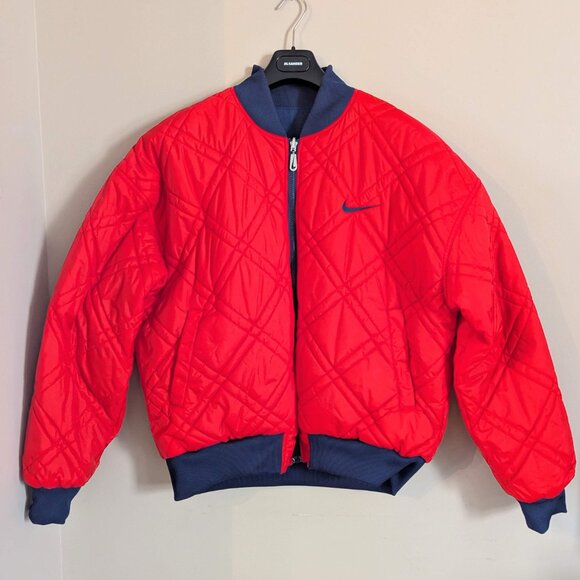 Nike 90s Swoosh Reversible Puffy Quilted Bomber Jacket White Tag Red VTG Size L - Picture 1 of 9